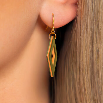 Khaki And Orange Diamond Shaped Layered Earrings • Gold Plated Sterling Silver Hooks, 4 of 8