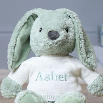 Personalised Max And Boo Large Bunny Soft Toy In Blue, Green And Chestnut, 5 of 11