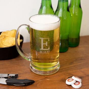 Personalised Initial + Date Etched Glass Tankard, 2 of 7