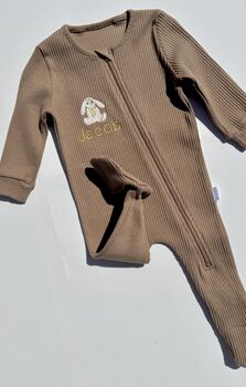 Teddy Bear Personalised Baby Zip Sleepsuit – Embroidered Baby Grow With Name – Bunny , Cub Or Goose, 6 of 9
