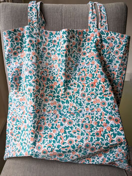 Large Block Print Tote Bag, Fair Handmade Market Bag, Green Pink, 2 of 7