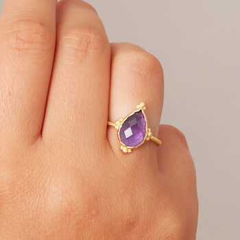 Amethyst 18 K Matt Gold Silver Pear Ring, 2 of 11