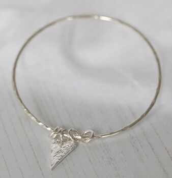 Sterling Silver Textured Long Heart Charm Bangle, 2 of 6