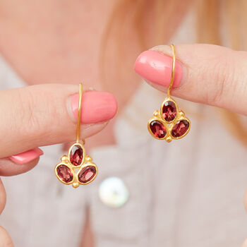 Garnet Triple Stone Gold Plated Silver Drop Earrings, 5 of 12
