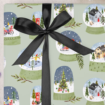Three Sheets Of Xmas Snow Globe Wrapping Paper Green, 2 of 2