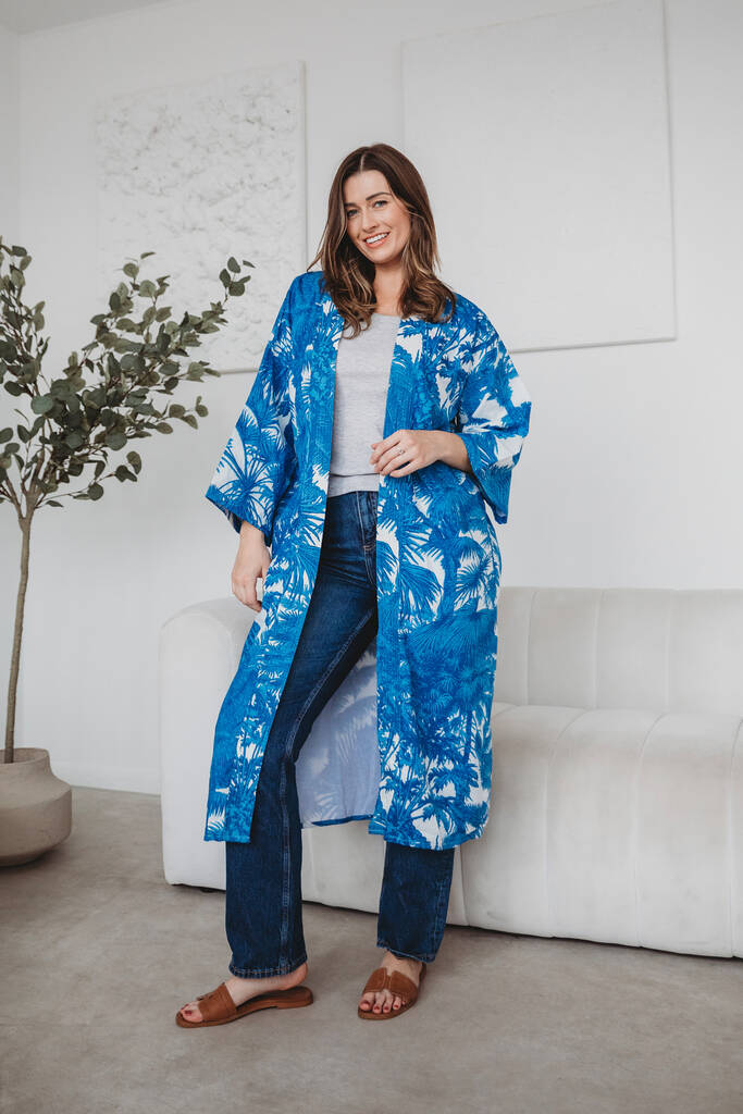Serendipty Kimono Long Blue Palm
