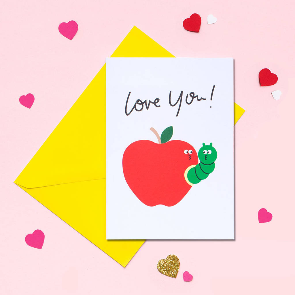 Love You! Cute Apple Worm Couple Love Anniversary Card By I AM A