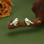 Sterling Silver Green Enamel Budgie Stud Earrings, thumbnail 1 of 12