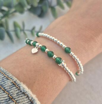 Sterling Silver May Emerald Beaded Bracelet: May Birthstone, Personalised Heart Charm, 4 of 6