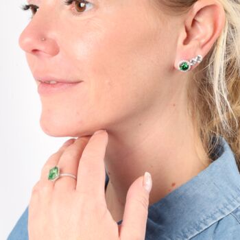 Emerald Green Cubic Zirconia Halo Stud Earrings In Sterling Silver, 9 of 9