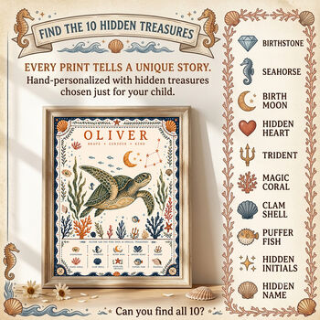 Personalised Sea Turtle Hidden Treasure Print | Children's Birth Keepsake, 3 of 9