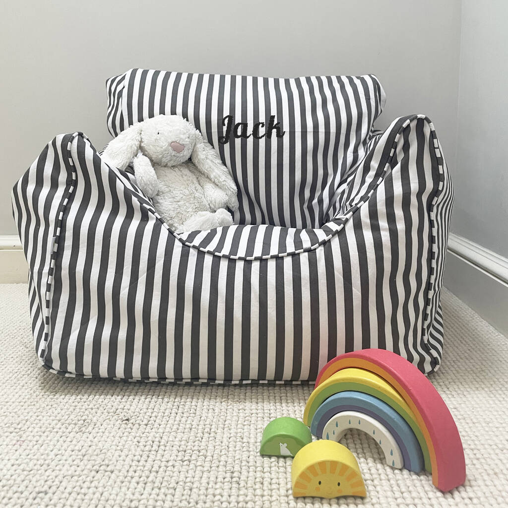 Personalised Childs Dark Grey Stripe Bean Bag Chair, 1 of 2