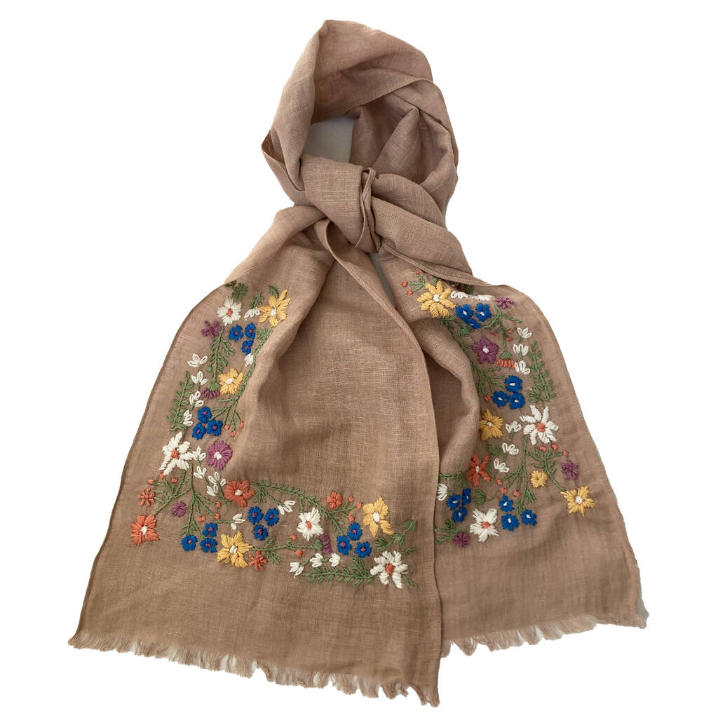 Hand Embroidered 100% Linen Scarf In Soft Brown Floral, 1 of 5
