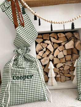Personalised Green Gingham Gift Sack Embroidered, 12 of 12