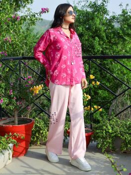 Pink Floral Dabu Printed Loose Fit Shirt And Cargo Pant, 3 of 4