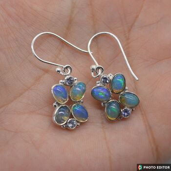 Floral Blue Opal Earrings: Silver, Cubic Zirconia, Dangle Drop, October Birthstone, 5 of 6
