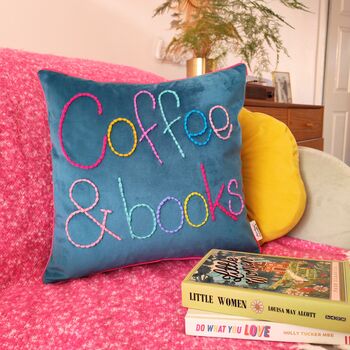 Coffee And Books Colourful Embroidered Cushion, 2 of 4