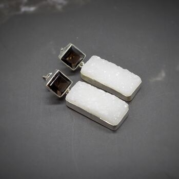 White Druzy Agate, Smoky Quartz Silver Earrings, 7 of 7