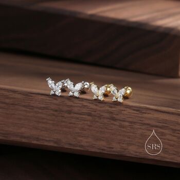 Sterling Silver Cz Butterfly Barbell Earrings, 3 of 11