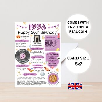 30th Birthday Card With 1996 Coin And Envelope Choose Your Colour, 3 of 3