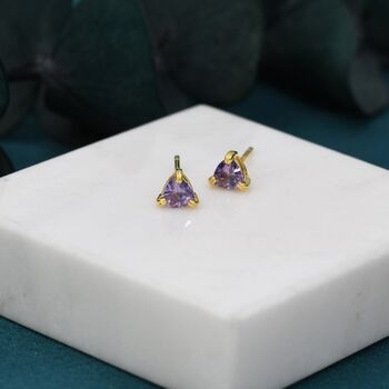 Sterling Silver Tiny Trillion Cut Amethyst Purple Cz Stud Earrings, 4 of 11