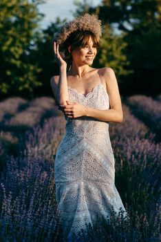 Ivory Macramé Lace Boho Wedding Dress With Open Back And Train, 3 of 12