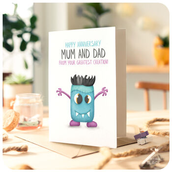 Greatest Creation Cute Funny Happy Anniversary Card Monster For Mum And Dad From Son Daughter, 4 of 4