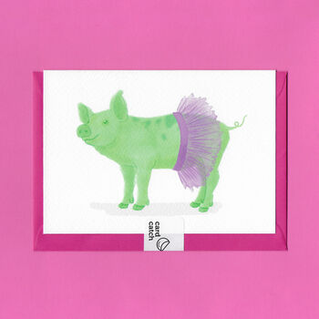 Green Ballerina Pig Illustrated Blank Greeting Card, 5 of 11