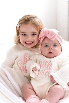 Little Sister Embroidered Ruffle Detail Knitted Baby Romper Matching Big Sister Jumper Available, 2 of 12