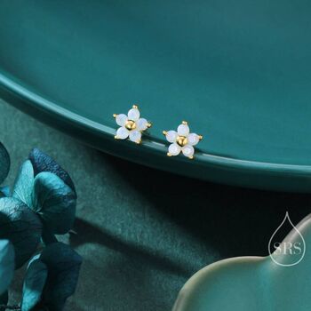 Sterling Silver Tiny Opal Blue Cz Flower Stud Earrings, 2 of 12