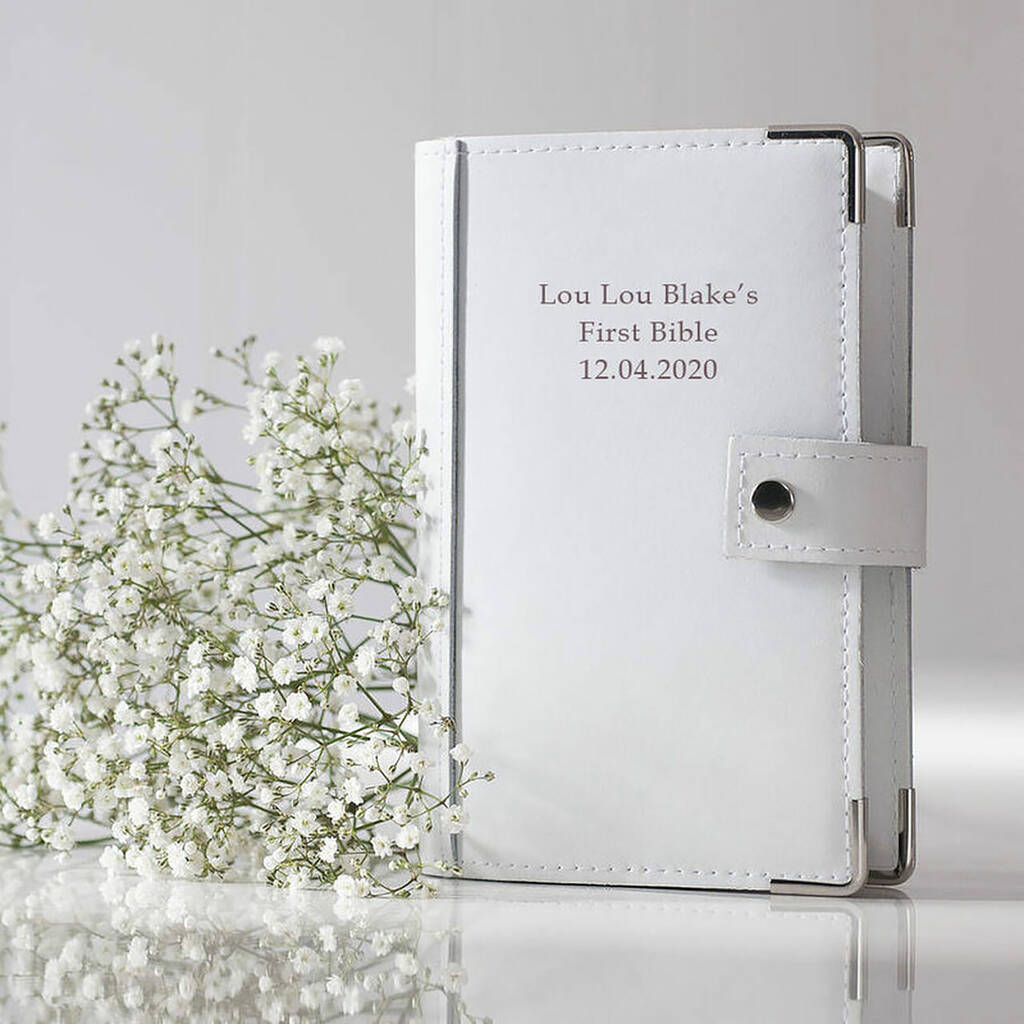 Personalised White Leather Bible Cover And Bible, 1 of 10