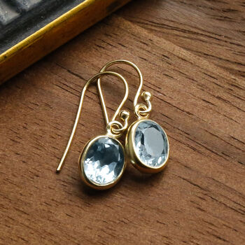 Gold Plated Blue Topaz Oval Earrings, 2 of 4