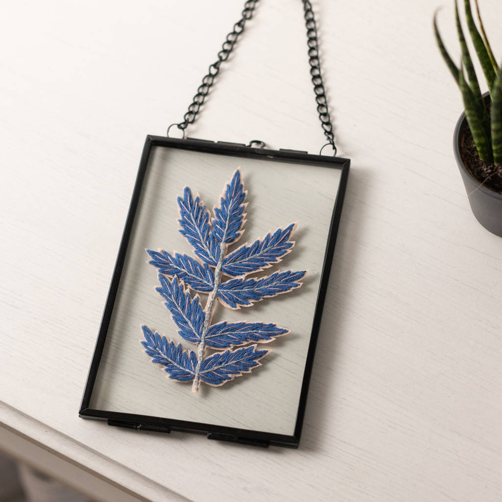Embroidered Blue Fern Leaf Framed Art, 1 of 4