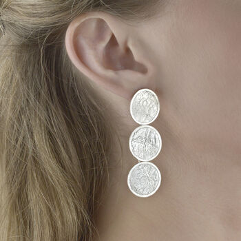 Three Circle Sterling Silver Textured Drop Earrings, 2 of 4