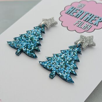 Blue And Silver Glitter Christmas Tree Earrings / Festive Holiday Jewellery / Christmas Gift / Secret Santa Gift, 4 of 4