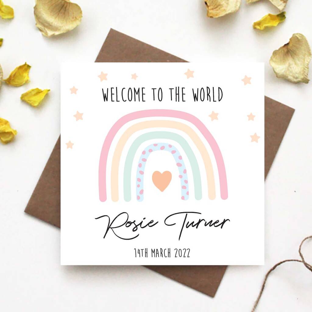 Personalised New Baby Rainbow Card Welcome To The World