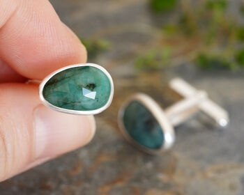 Natural Oval Emerald Cufflinks In Sterling Silver, 2 of 3