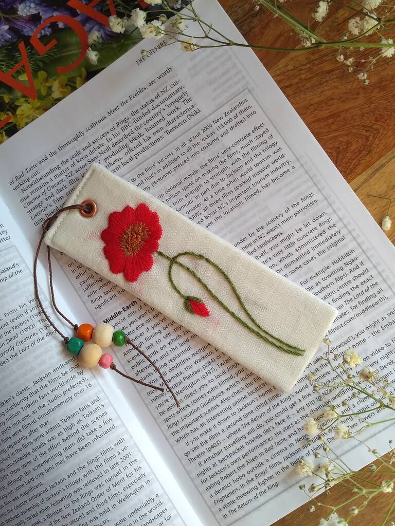 Poppy Hand Embroidered Linen Bookmark By Southsea Linen ...