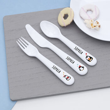 Personalised Kids Winter Penguin Cutlery Set, 9 of 10