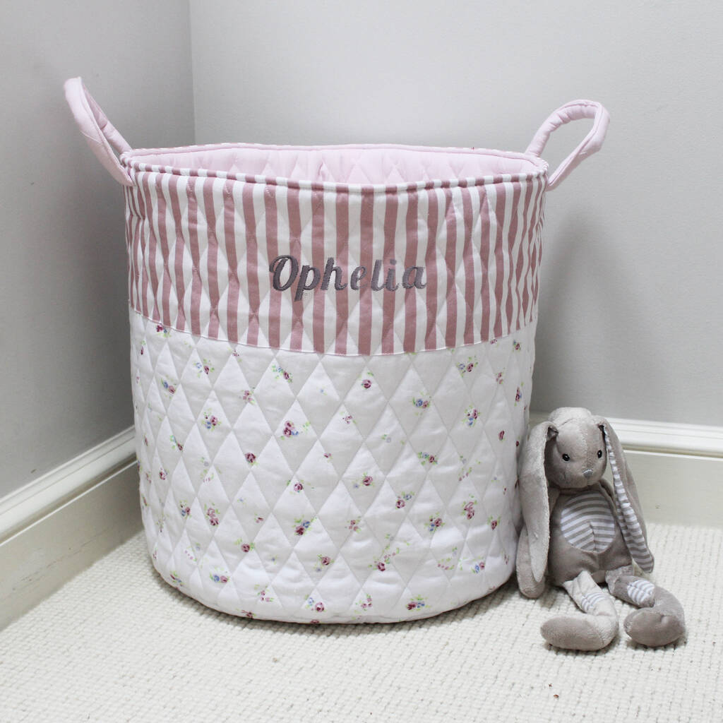 Personalised Pink Stripe Floral Base Quilted Toy Bag, 1 of 2