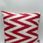 Square Ikat Silk Cushion Coral Red Zigzag, thumbnail 5 of 9