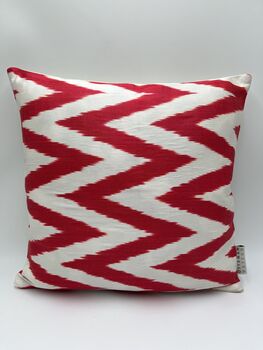 Square Ikat Silk Cushion Coral Red Zigzag, 5 of 9
