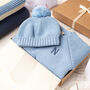 Luxury Blue Grey Bobble Hat And Cardigan Baby Gift Box, thumbnail 3 of 12