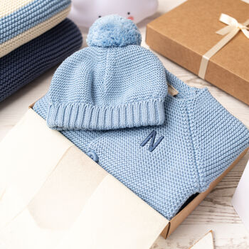 Luxury Blue Grey Bobble Hat And Cardigan Baby Gift Box, 3 of 12
