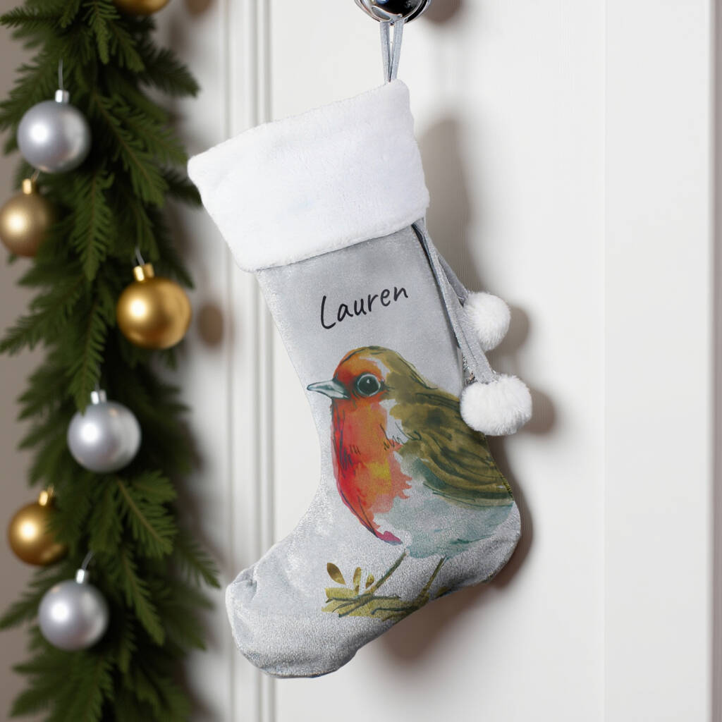 Personalised Robin Silver Grey Stocking, 1 of 4