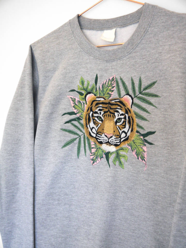 Embroidered Tropical Leaf And Tiger Jumper, Handmade By Connie's World ...
