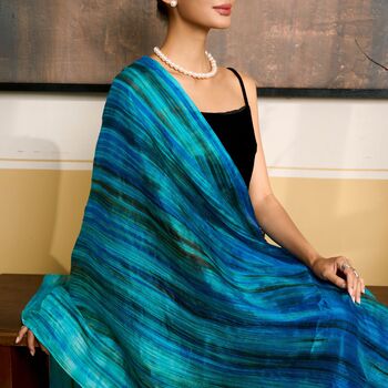 100% Mulberry Silk Scarf, Turquoise Blue And Emerald Brushstroke In Gift Box, 4 of 5