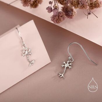 Sterling Silver Tiny Neuron Cell Drop Hook Earrings, 2 of 11