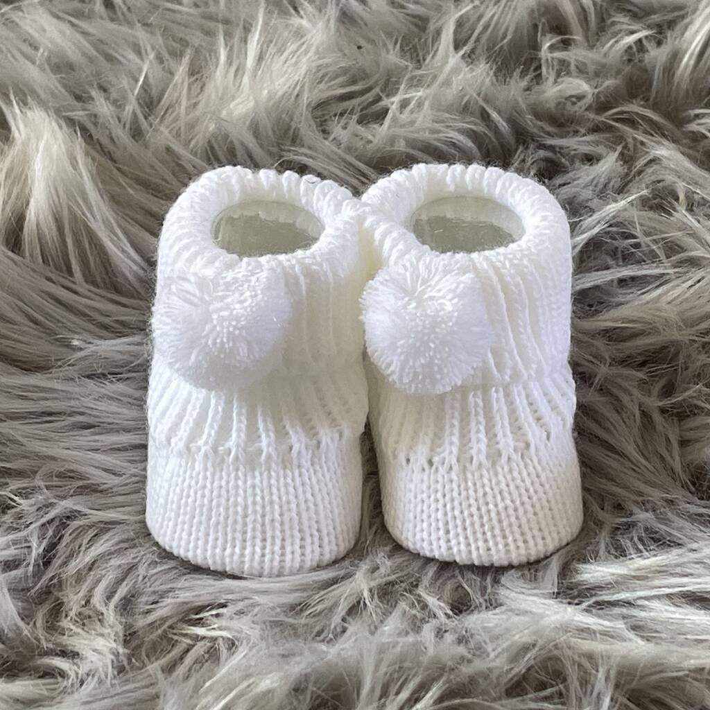 White Knitted Baby Booties With Pom Pom, 1 of 9
