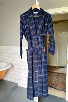 Ladies Brushed Cotton Dressing Gown In Dark Blue Check, 2 of 6